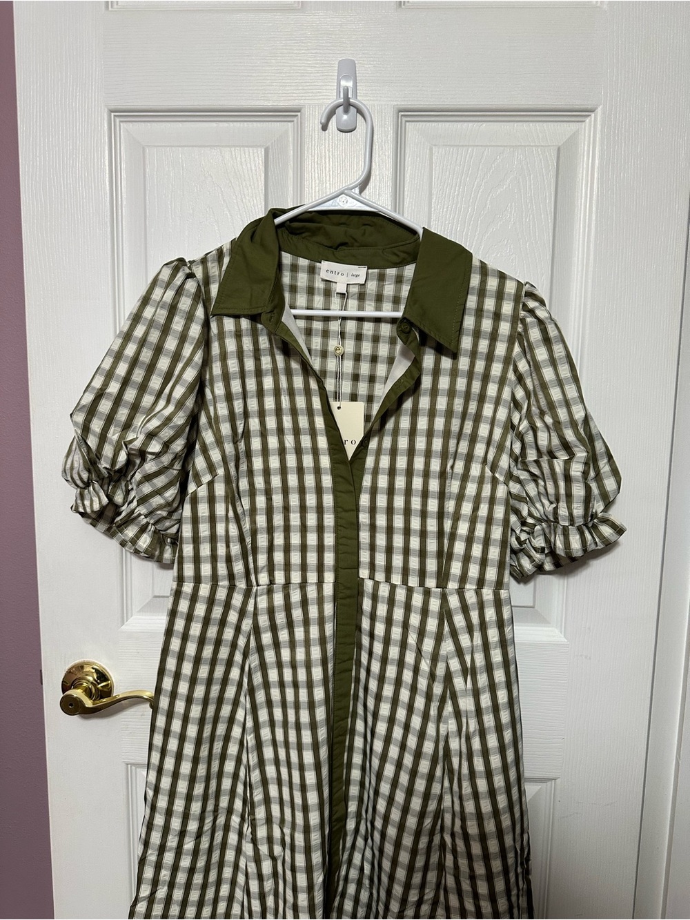 entro Large NWT Olive Green Gingham Midi Dress - Picture 2 of 4